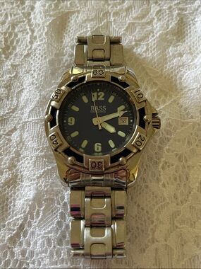 Bass Stainless Steel Watch with Black Dial and Silver Bracelet
